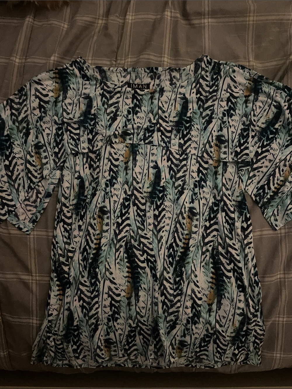 IMAN Teal and Navy Feather-Print Short Sleeve Blouse